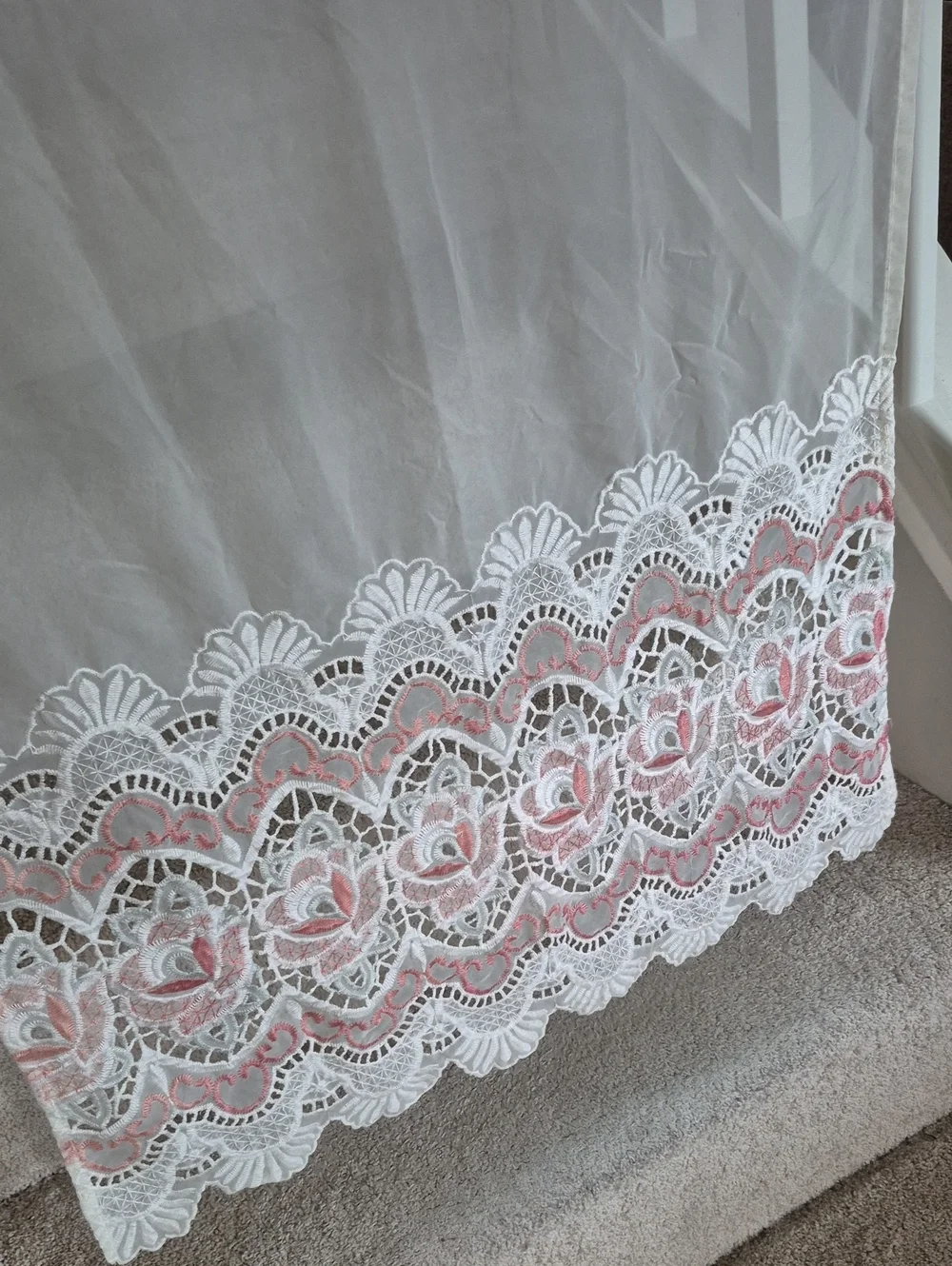 Sheer White Curtain Panel with Pink Rose Lace Border 30x35